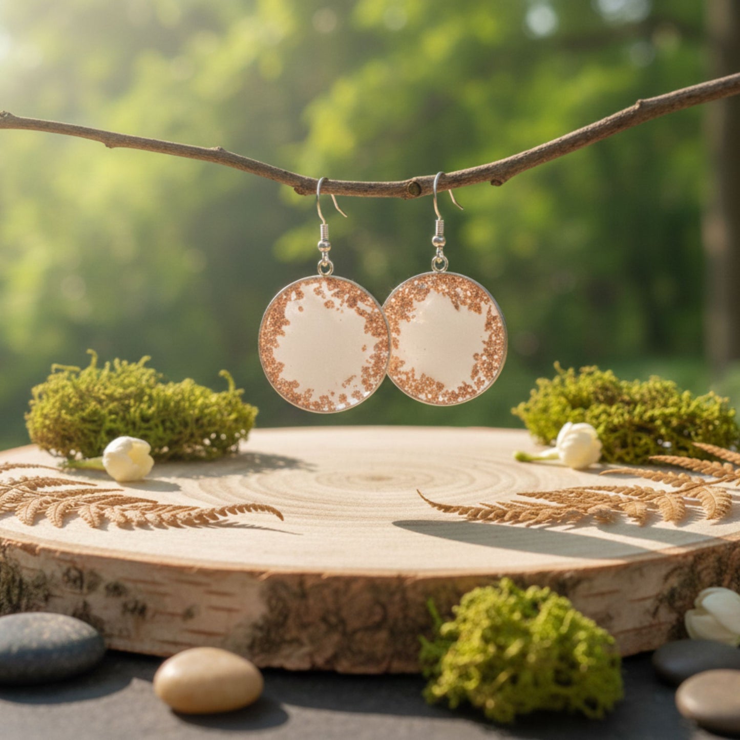 Boucles d'Oreilles Pendante Résine 3 cm – Cristaux Rose Gold & Mica Blanc Nacré – Acier Anti-oxydable