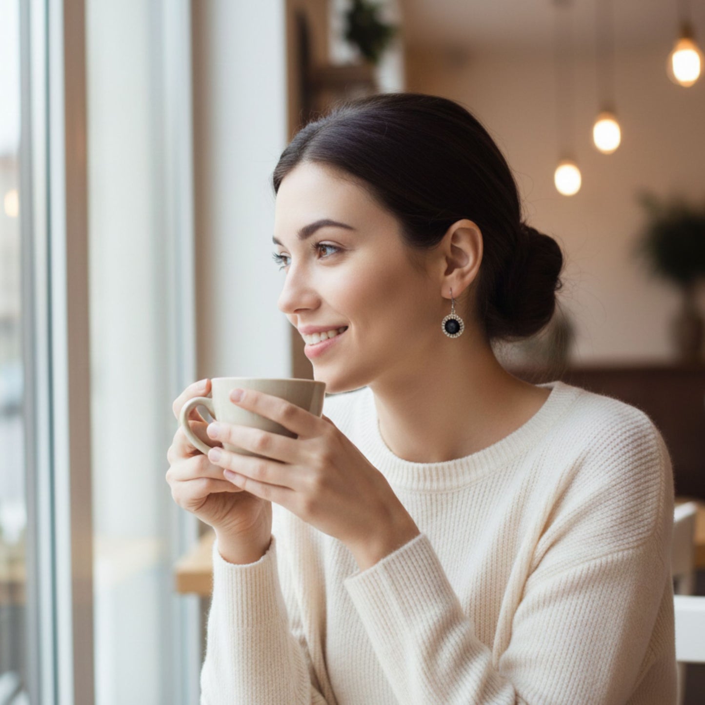 Boucles d'Oreilles Pendantes Résine Noire & Cristaux Argentés 2 cm
