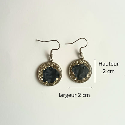 Boucles d'Oreilles Pendantes Résine Noire & Cristaux Argentés 2 cm