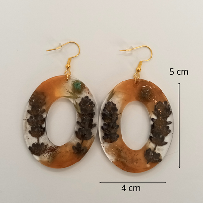 Boucles d'oreilles résine orange fleurs séchées lavande - Ovales botaniques ultra-légères - Bijou artisanal unique fait main