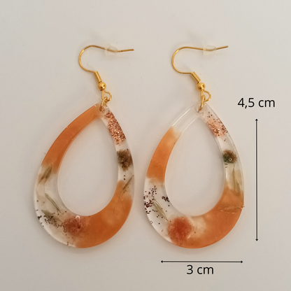 Boucles d'oreilles résine orange fleurs séchées pailleté - Gouttes botaniques ultra-légères - Bijou artisanal unique fait main