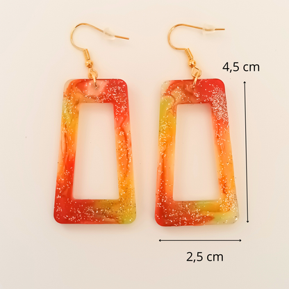 Boucles d'oreilles résine orange jaune pailleté - Rectangles dégradé sunset ultra-légers - Bijou artisanal unique fait main