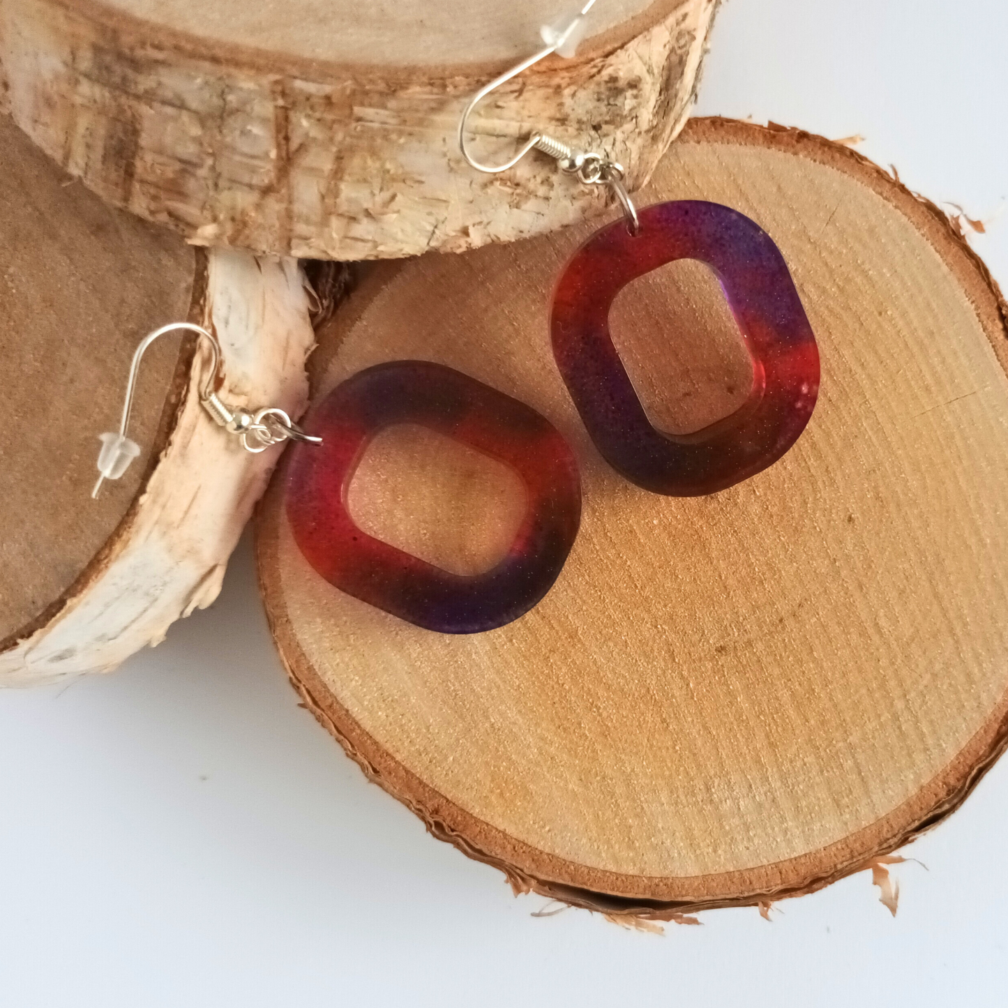 Boucles d'oreilles résine dégradé rose violet bleu - Ovales arrondis effet aquarelle ultra-légers - Bijou artisanal unique fait main