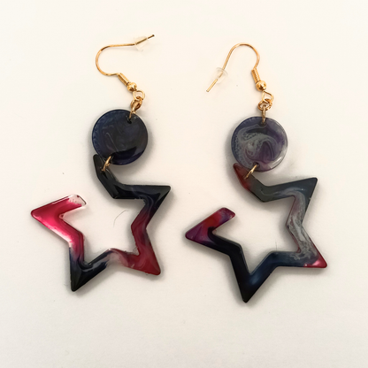 Boucles d'oreilles résine étoile rose bleu marbré - Double niveau ultra-légères - Bijou artisanal unique fait main