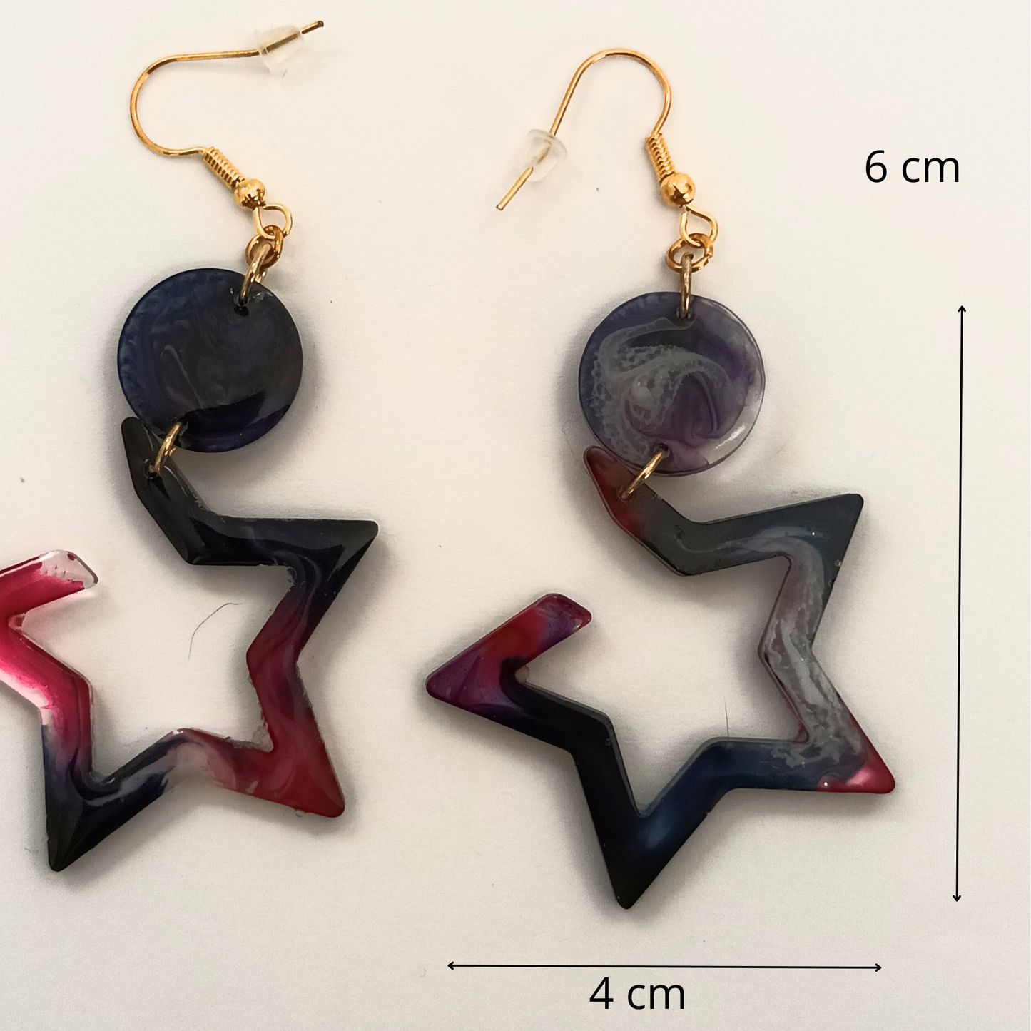 Boucles d'oreilles résine étoile rose bleu marbré - Double niveau ultra-légères - Bijou artisanal unique fait main