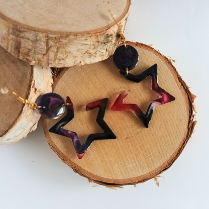Boucles d'oreilles résine étoile rose bleu marbré - Double niveau ultra-légères - Bijou artisanal unique fait main