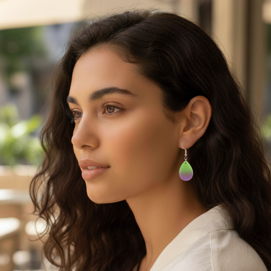 Boucles d'oreilles résine vert violet transparent pailleté - Gouttes dégradé ultra-légères - Bijou artisanal unique fait main