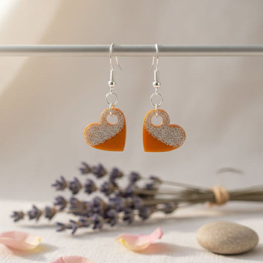 Boucles d'Oreilles Pendants Cœur Orange et Paillettes Argentées