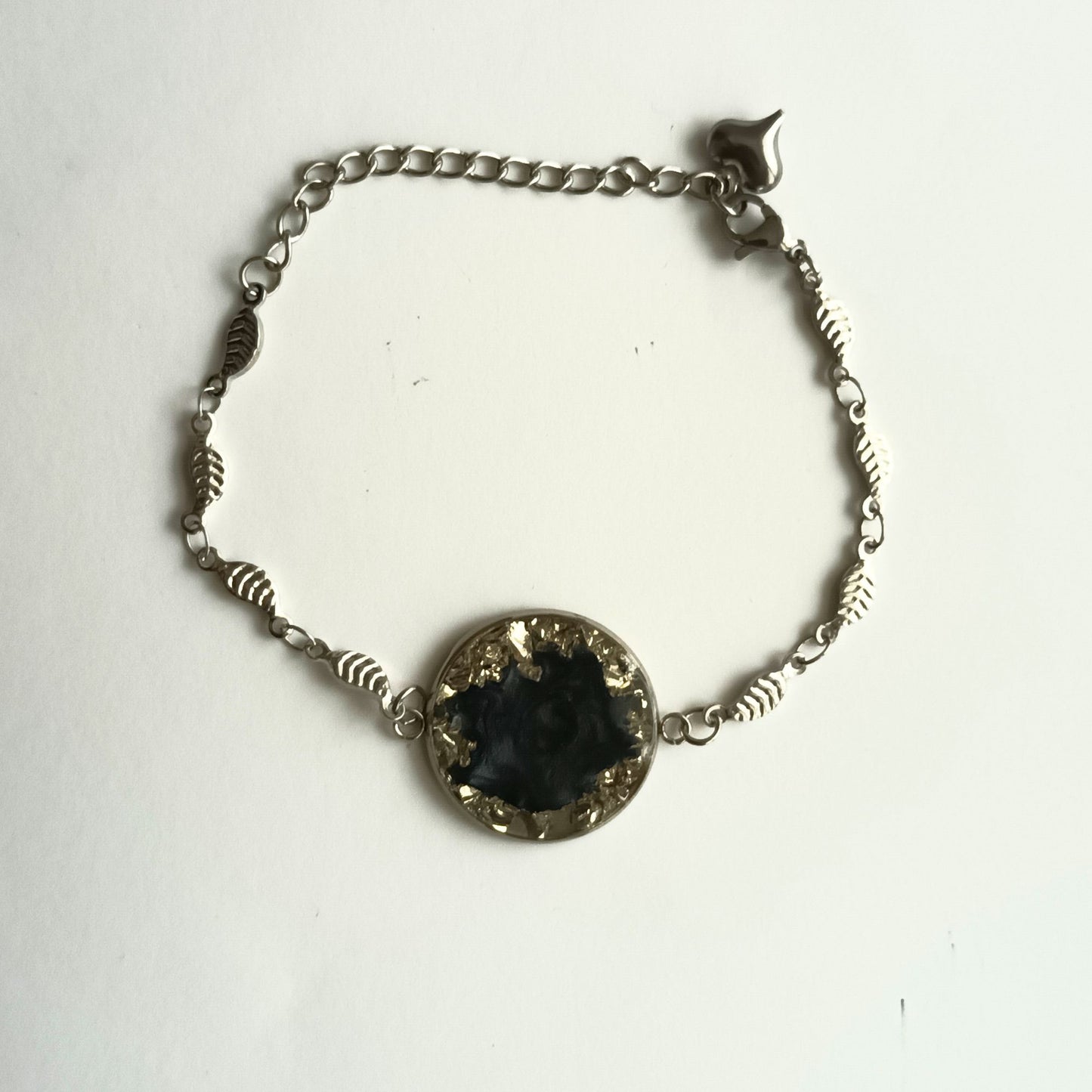 Bracelet Chaîne "Éclat Noir et Feuille" - Acier Inox & Résine