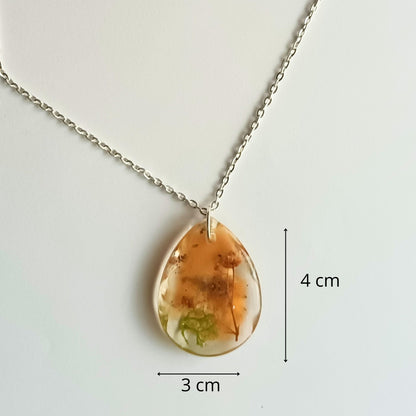 Collier pendentif résine fleurs séchées mousse - Nature transparent bronze doré - Bijou artisanal unique fait main