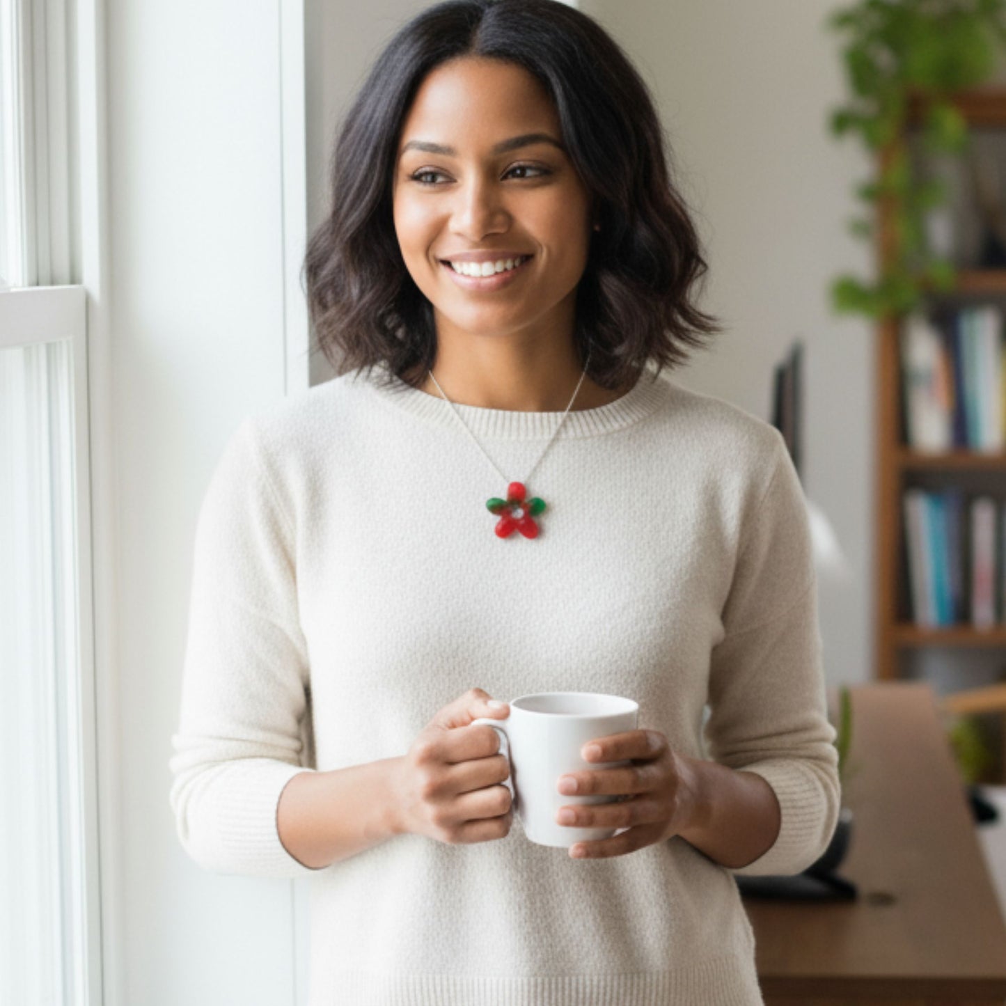 Collier pendentif résine fleur rouge vert cordon blanc - Forme fleur 5 pétales - Bijou artisanal unique fait main