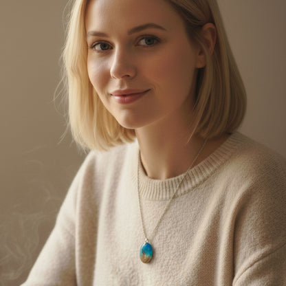 Collier pendentif résine bleu turquoise sable - Ovale effet océan scintillant - Bijou artisanal unique fait main