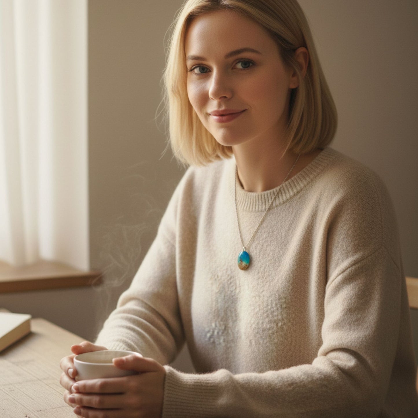 Collier pendentif résine bleu turquoise sable - Ovale effet océan scintillant - Bijou artisanal unique fait main