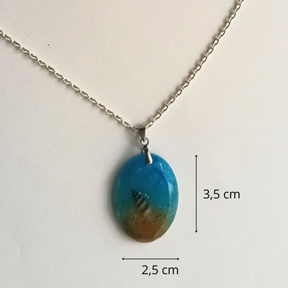 Collier pendentif résine bleu turquoise sable - Ovale effet océan scintillant - Bijou artisanal unique fait main