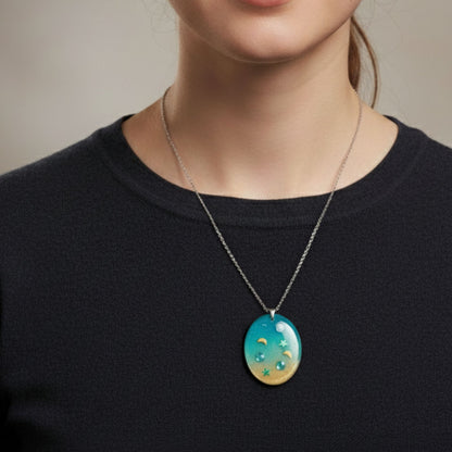 Collier pendentif résine turquoise doré étoiles lune - Ovale dégradé céleste - Bijou artisanal unique fait main