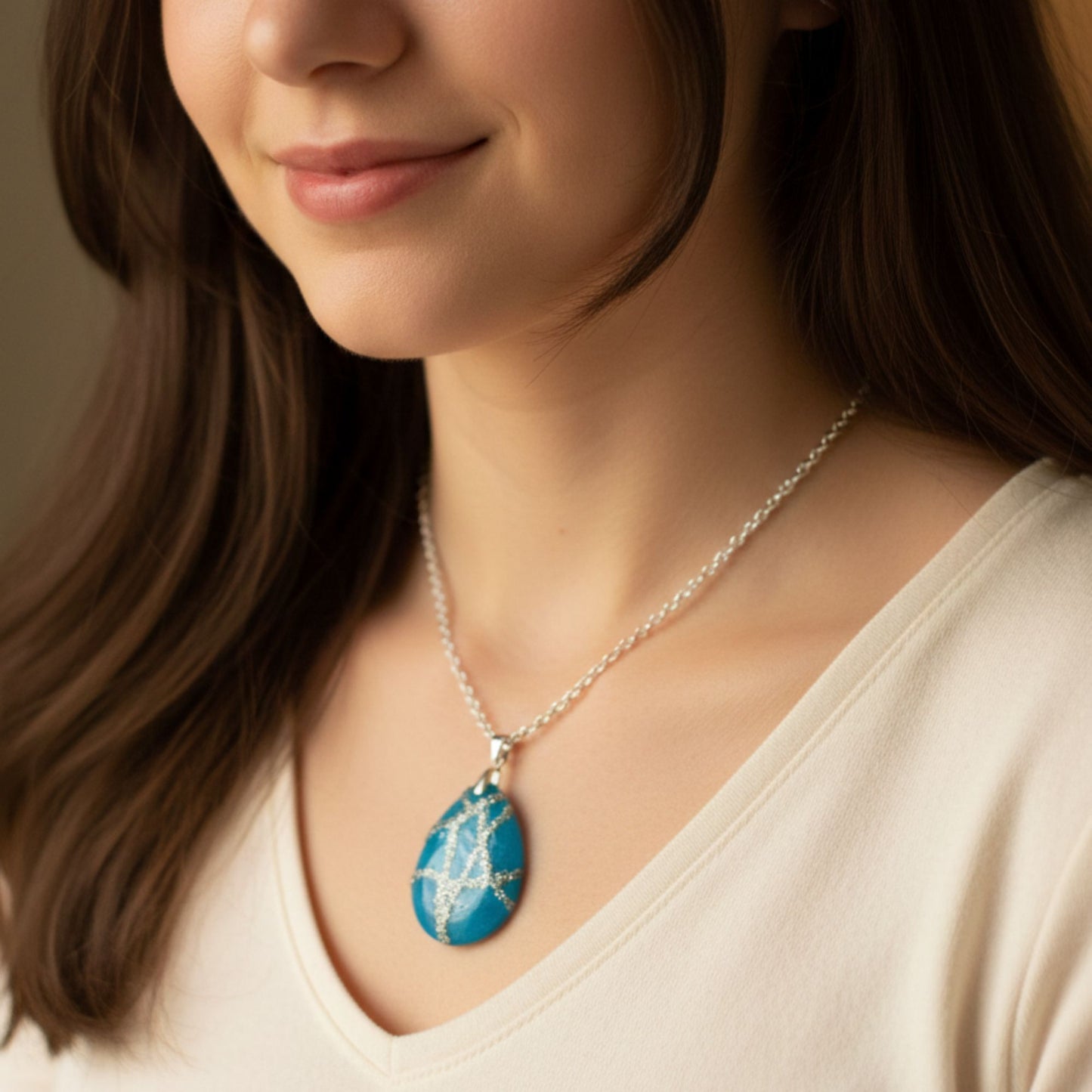 Pendentif Résine Ovale Bleu Océan et Veines Argentées