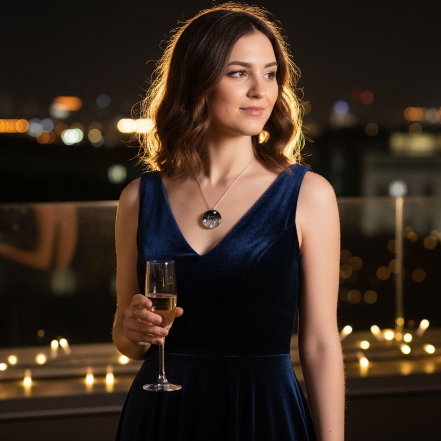 Collier Pendentif Ovale en Résine "Nuit Étoilée" - Mica Noir et Éclats Argentés (4x5 cm)