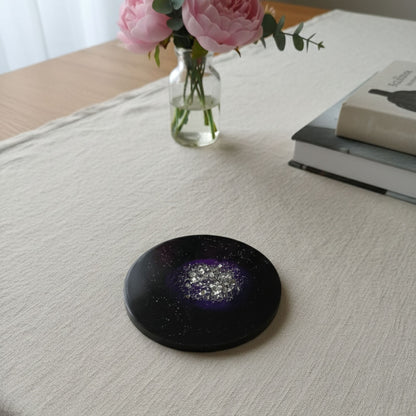 Lot 2 dessous de verre résine galaxie noir violet pailleté argenté - Ronds 8cm cosmiques - Accessoires artisanaux uniques faits main