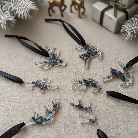 Lot de Suspensions Renne & Bois en Résine Transparente Paillettes