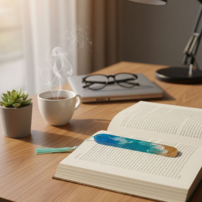 Marque-page résine dégradé bleu turquoise sable pailleté océan pompon turquoise - Rectangle plage mer - Accessoire artisanal unique fait main