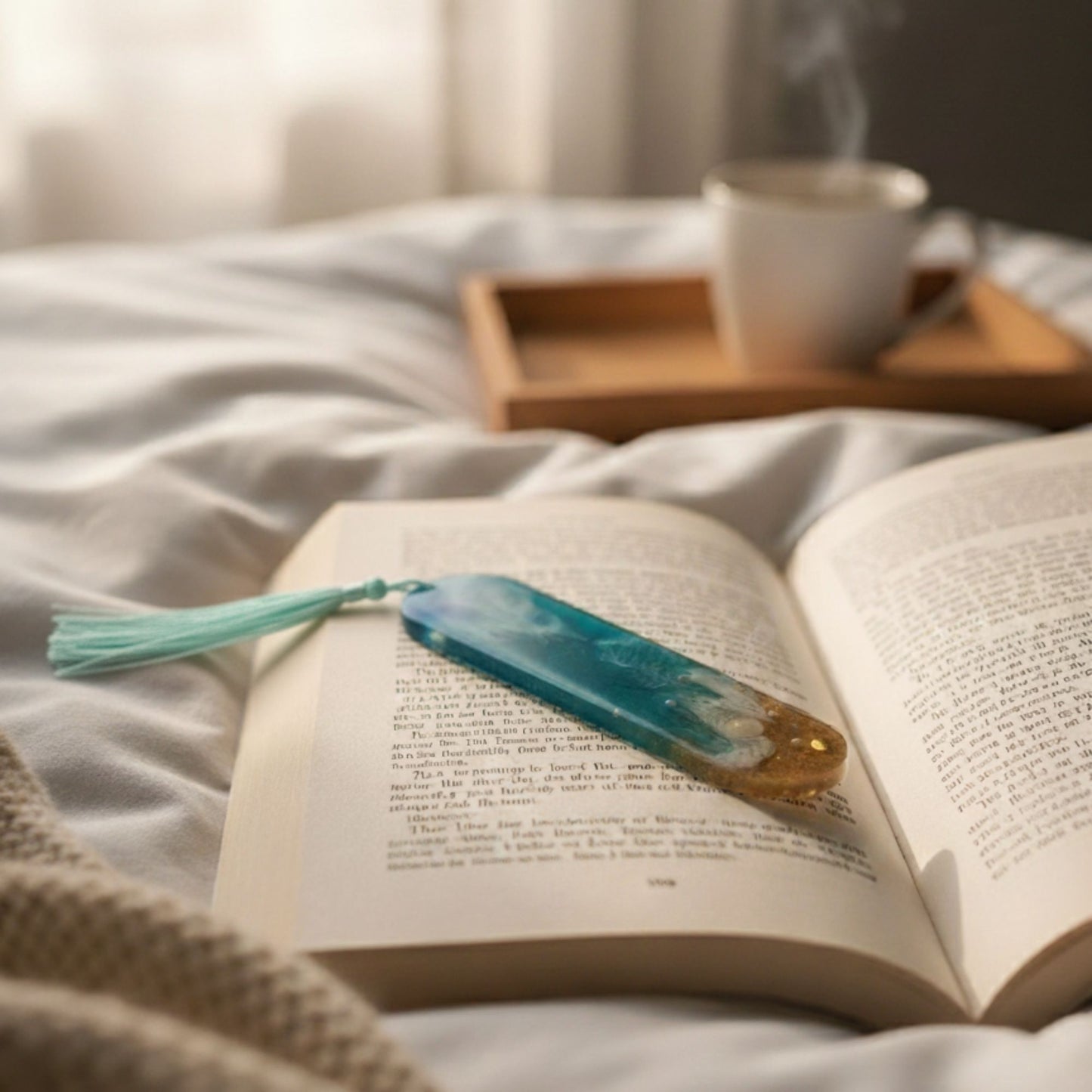 Marque-page résine dégradé bleu turquoise sable pailleté océan pompon turquoise - Rectangle plage mer - Accessoire artisanal unique fait main