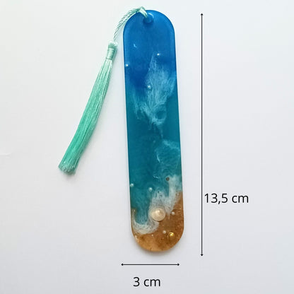Marque-page résine dégradé bleu turquoise sable pailleté océan pompon turquoise - Rectangle plage mer - Accessoire artisanal unique fait main