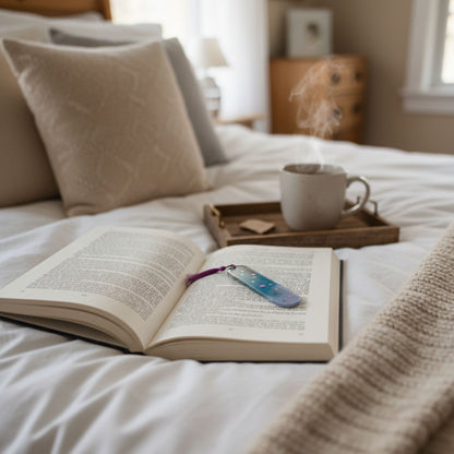 Marque-page résine dégradé gris bleu violet étoiles lunes motifs pompon - Rectangle cosmique crépuscule - Accessoire artisanal unique fait main