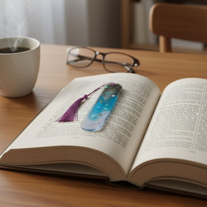 Marque-page résine dégradé gris bleu violet étoiles lunes motifs pompon - Rectangle cosmique crépuscule - Accessoire artisanal unique fait main