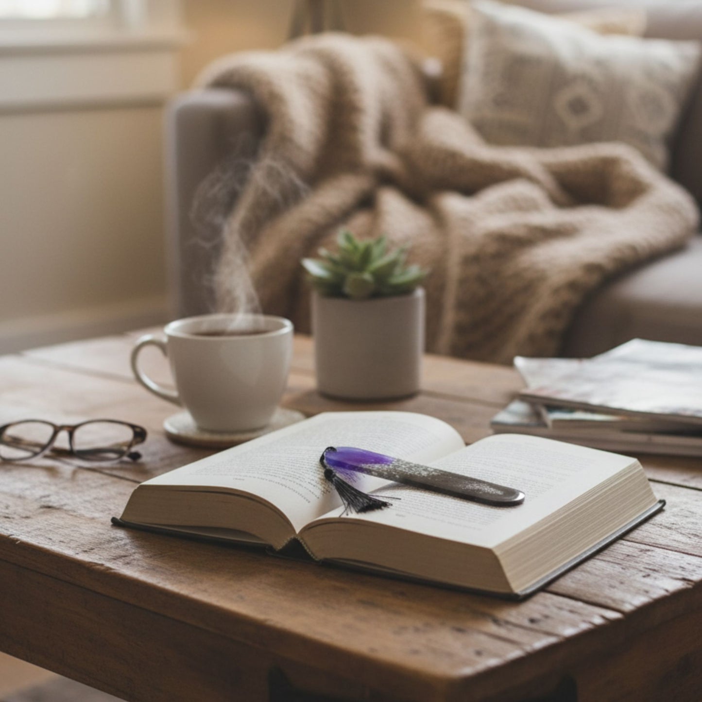 Marque-page résine dégradé violet noir pailleté galaxie pompon noir - Rectangle cosmique étoilé - Accessoire artisanal unique fait main