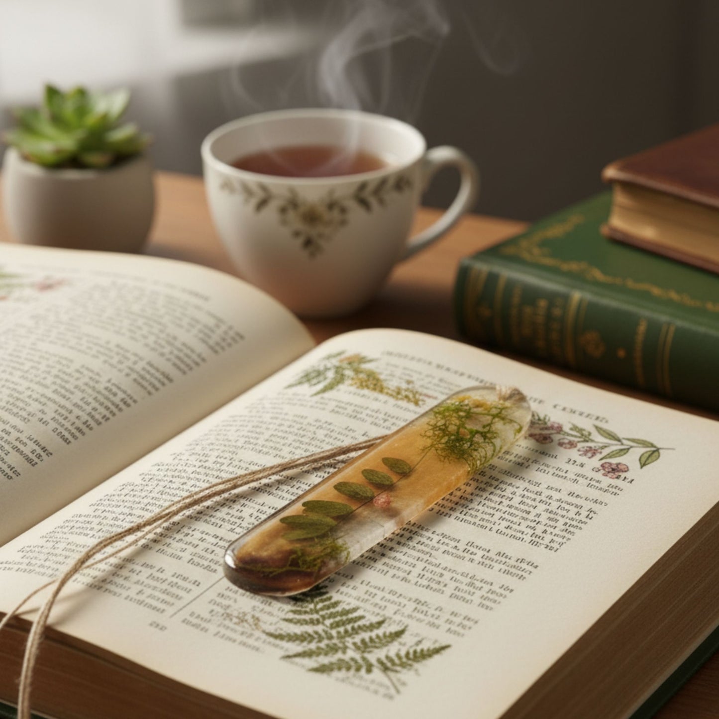 Marque-page résine végétaux séchés mousse fleurs - Rectangle transparent nature - Accessoire artisanal unique fait main