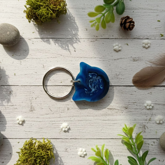 Médaillon d'Identification Tête de Chat - Résine Bleu et Blanc Marbré