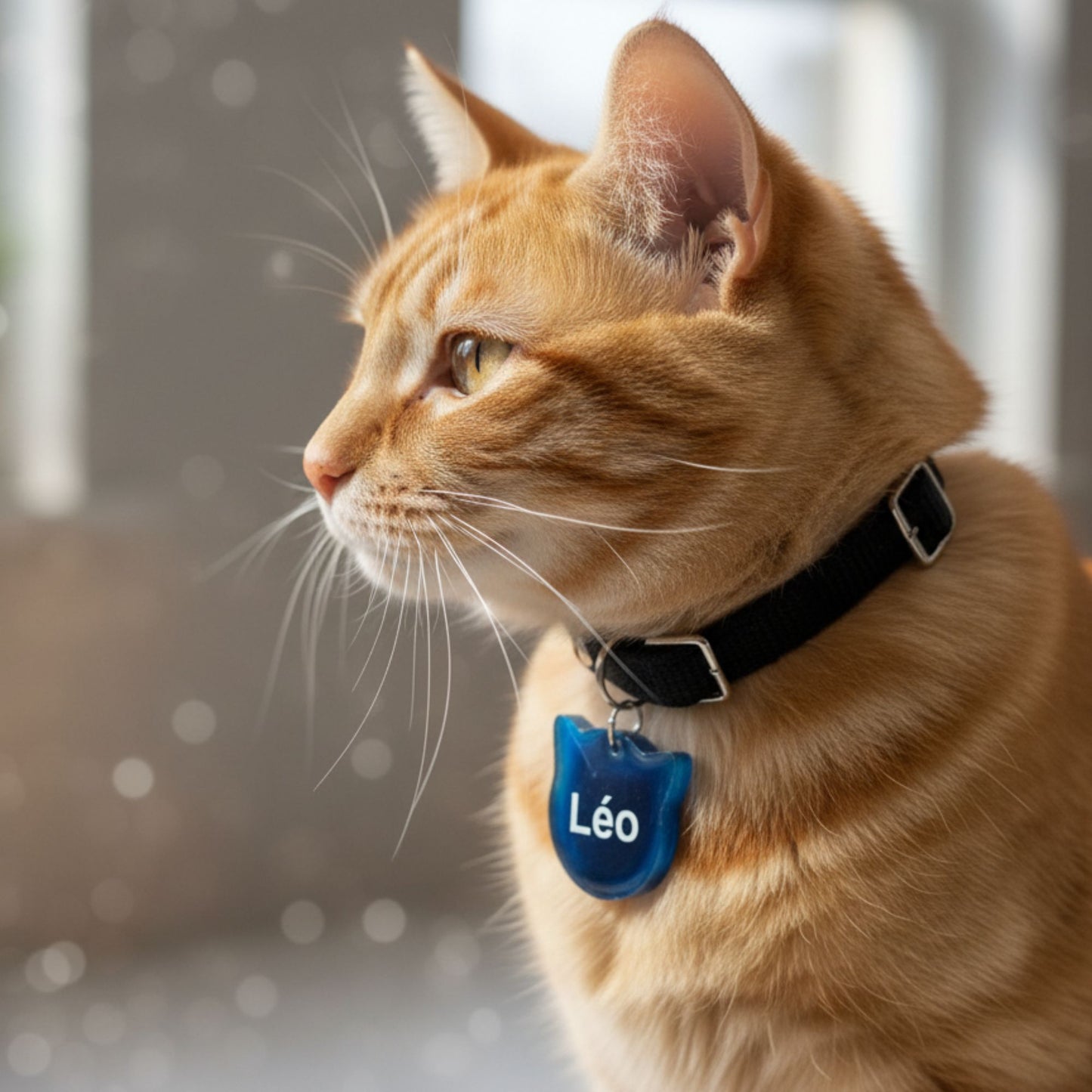 Médaillon d'Identification Tête de Chat - Résine Bleu et Blanc Marbré