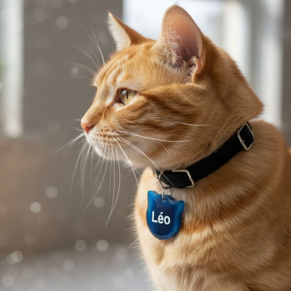 Médaillon d'Identification Tête de Chat - Résine Bleu et Blanc Marbré