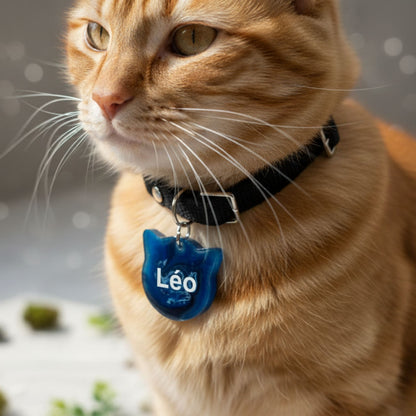 Médaillon d'Identification Tête de Chat - Résine Bleu et Blanc Marbré