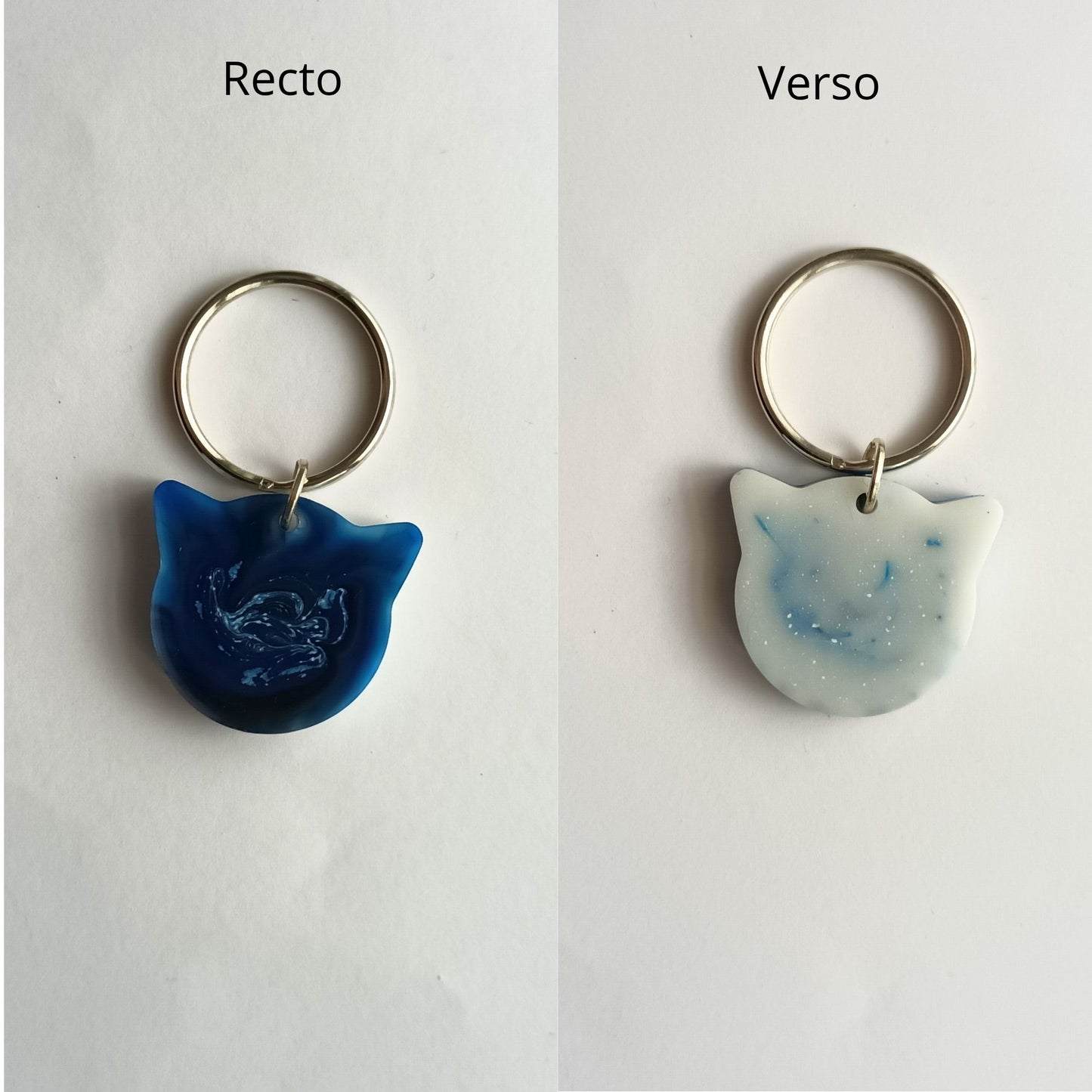 Médaillon d'Identification Tête de Chat - Résine Bleu et Blanc Marbré