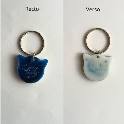 Médaillon d'Identification Tête de Chat - Résine Bleu et Blanc Marbré