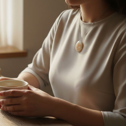Collier pendentif résine fleur séchée nacré - Ovale mica nacré botanique - Bijou artisanal unique fait main