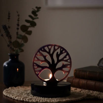 Photophore Arbre de Vie en Résine - Violet Profond & Paillettes Galaxie