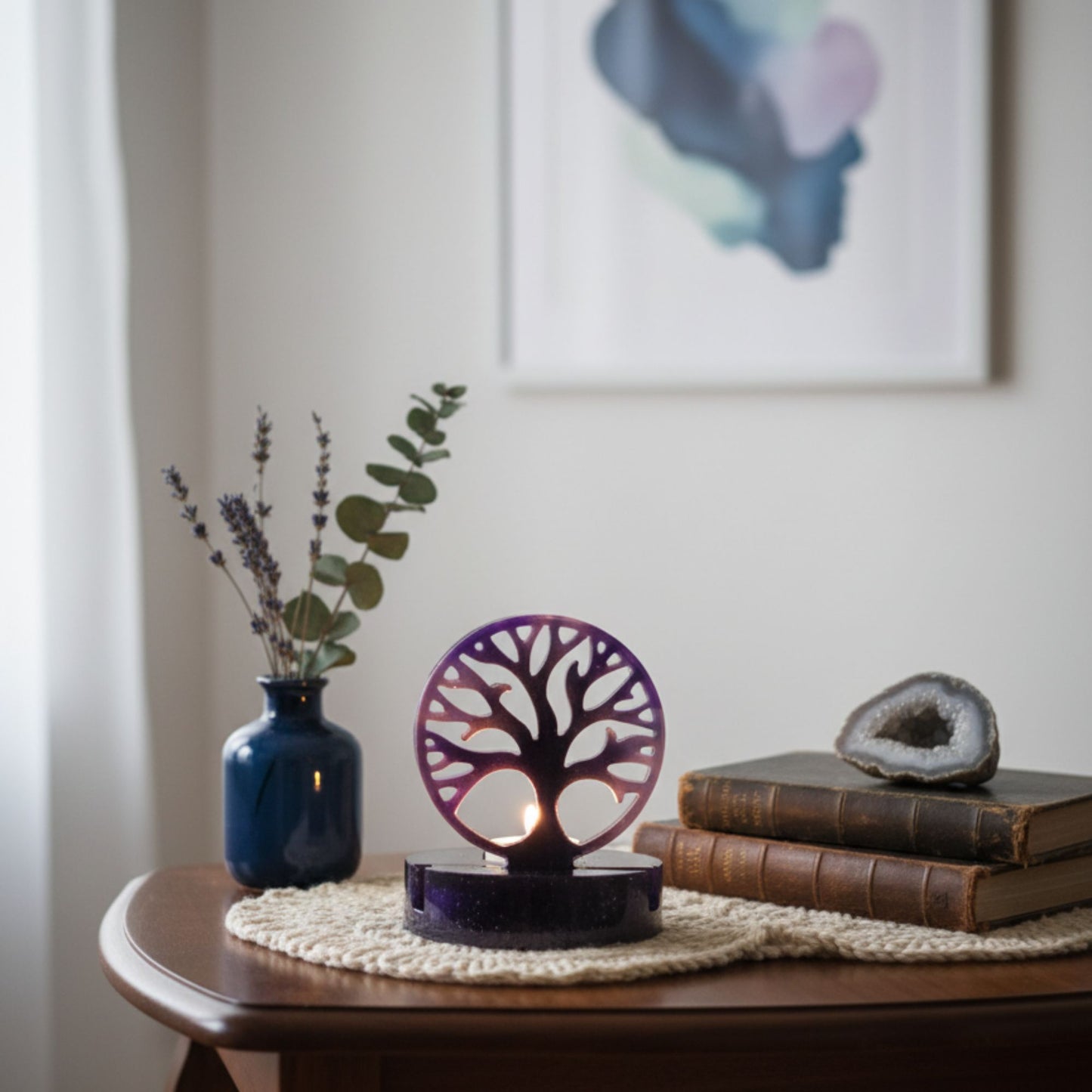 Photophore Arbre de Vie en Résine - Violet Profond & Paillettes Galaxie