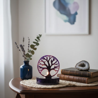 Photophore Arbre de Vie en Résine - Violet Profond & Paillettes Galaxie