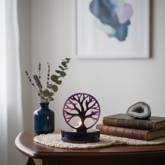 Photophore Arbre de Vie en Résine - Violet Profond & Paillettes Galaxie