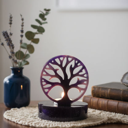 Photophore Arbre de Vie en Résine - Violet Profond & Paillettes Galaxie
