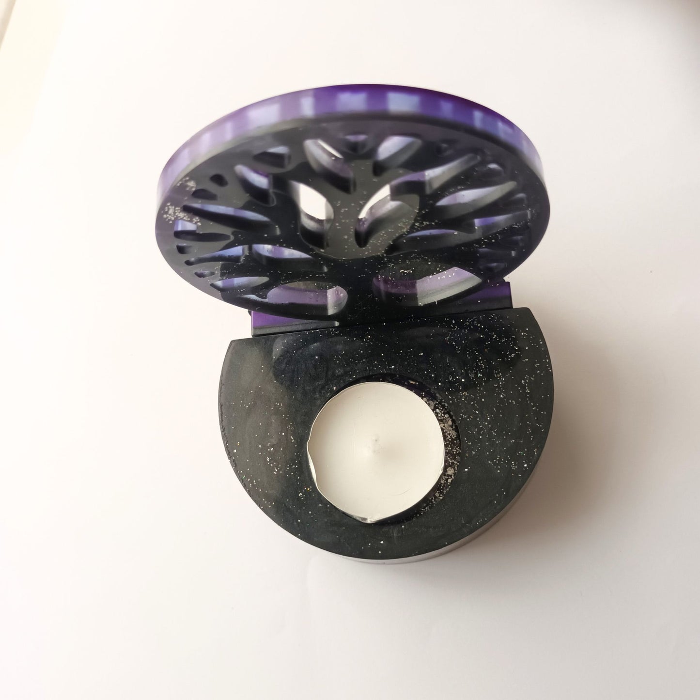 Photophore Arbre de Vie en Résine - Violet Profond & Paillettes Galaxie