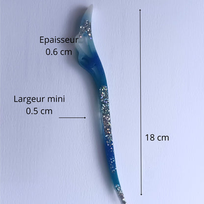 Bâton/Pic à Cheveux Vague Océan et Paillettes - Résine Fait Main
