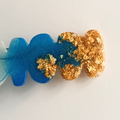 Pince à Cheveux Plate Bicolore Résine Bleu, Blanc & Feuille d'Or