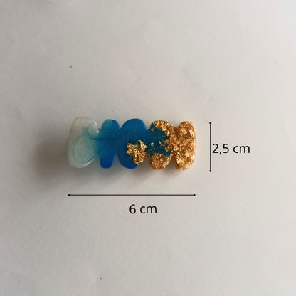 Pince à Cheveux Plate Bicolore Résine Bleu, Blanc & Feuille d'Or