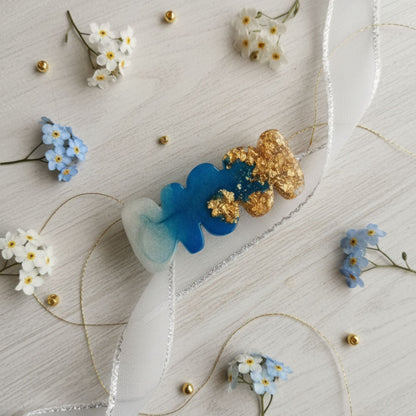 Pince à Cheveux Plate Bicolore Résine Bleu, Blanc & Feuille d'Or