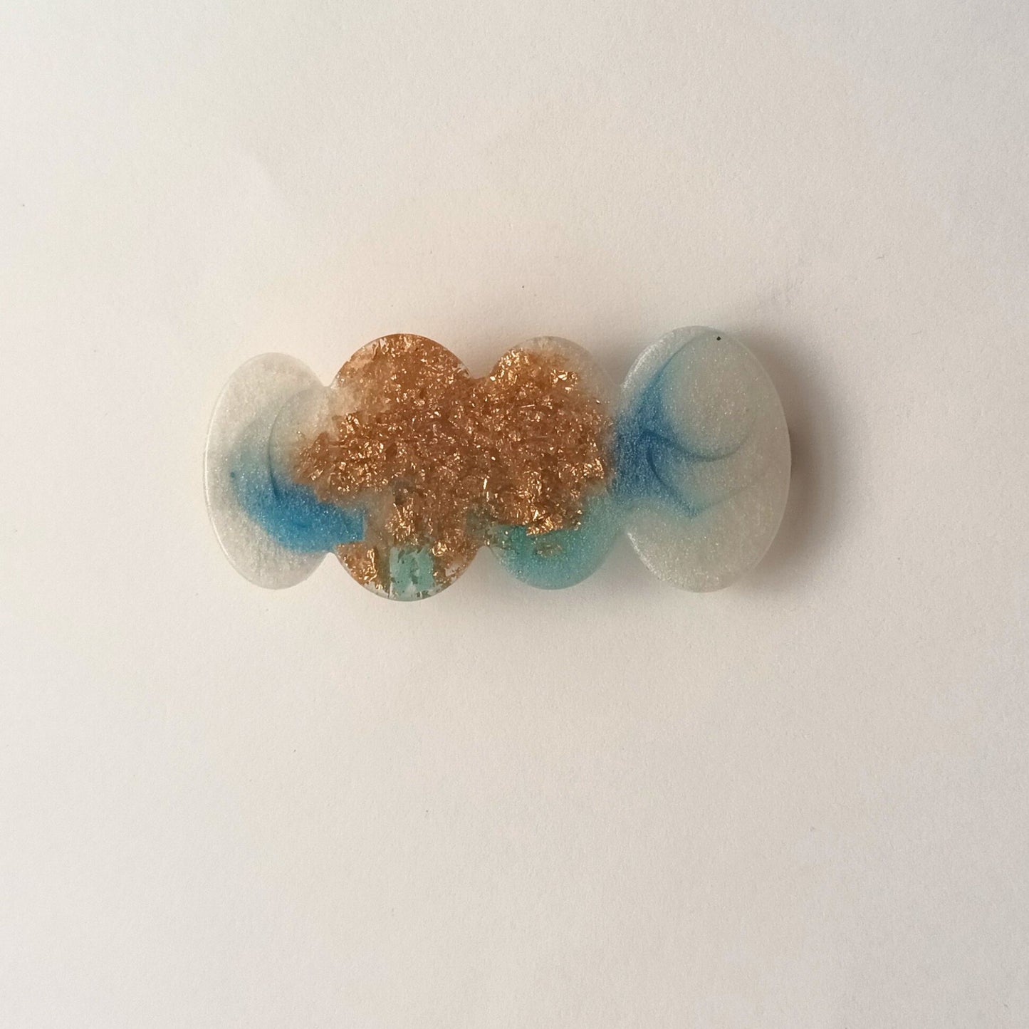 Pince à Cheveux Plate Résine Époxy Luxe - Blanc Nacré Bleu & Feuilles dorées