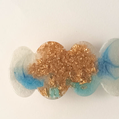 Pince à Cheveux Plate Résine Époxy Luxe - Blanc Nacré Bleu & Feuilles dorées