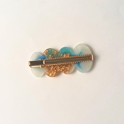 Pince à Cheveux Plate Résine Époxy Luxe - Blanc Nacré Bleu & Feuilles dorées